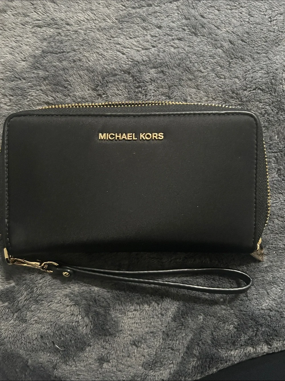 Michael Kors Black Leather Zip Wristlet with Gold Hardware